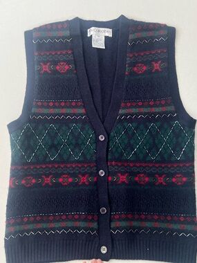 JH Collectibles Vintage Wool Knit Sweater Vest Geometric Button Front Navy M